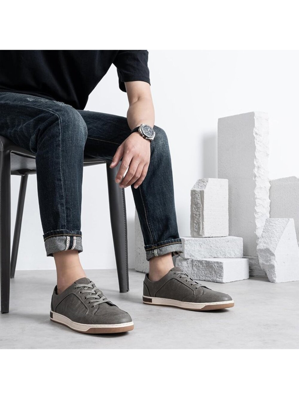 Men's Grey Coated Leather Comfortable Business Sneakers Casual Shoes - Picture 3 of 6